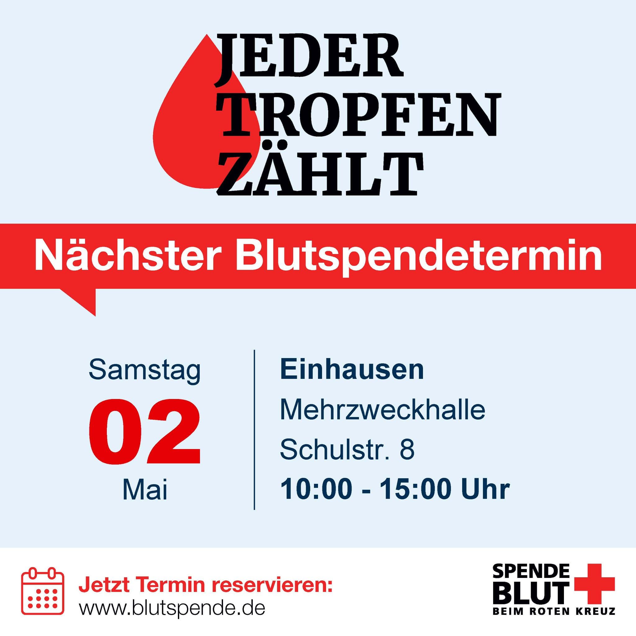 Plakat zum nächsten Blutspendetermin in Einhausen am 02.05.2026